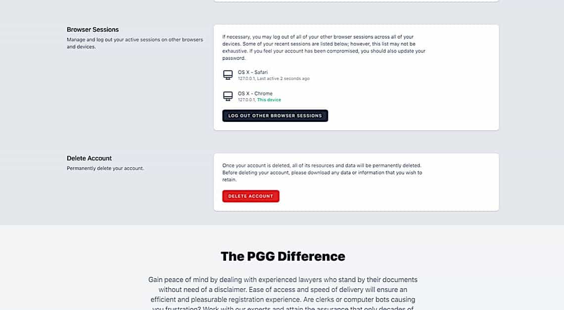 Browser sessions screen