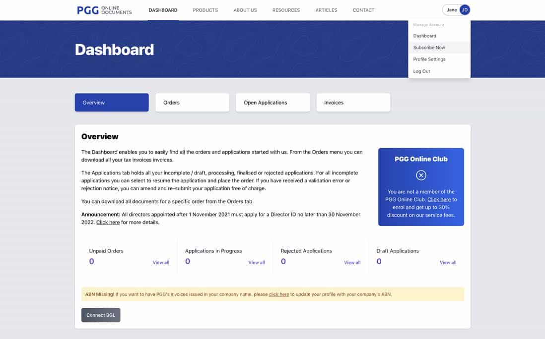 Dashboard screen and menu