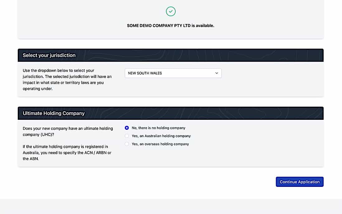 Company Registration - General Details 2 screen