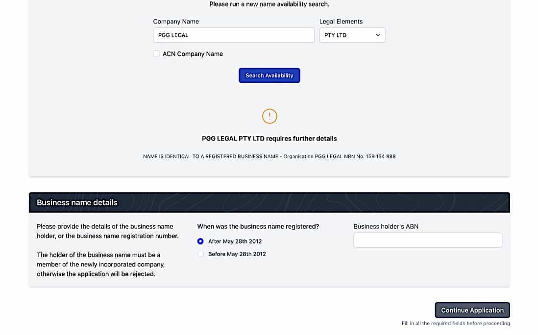 Company Registration - General Details 3 screen