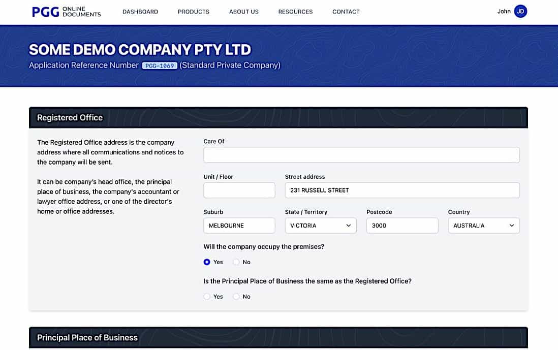 Company Registration - Company Addresses 1 screen