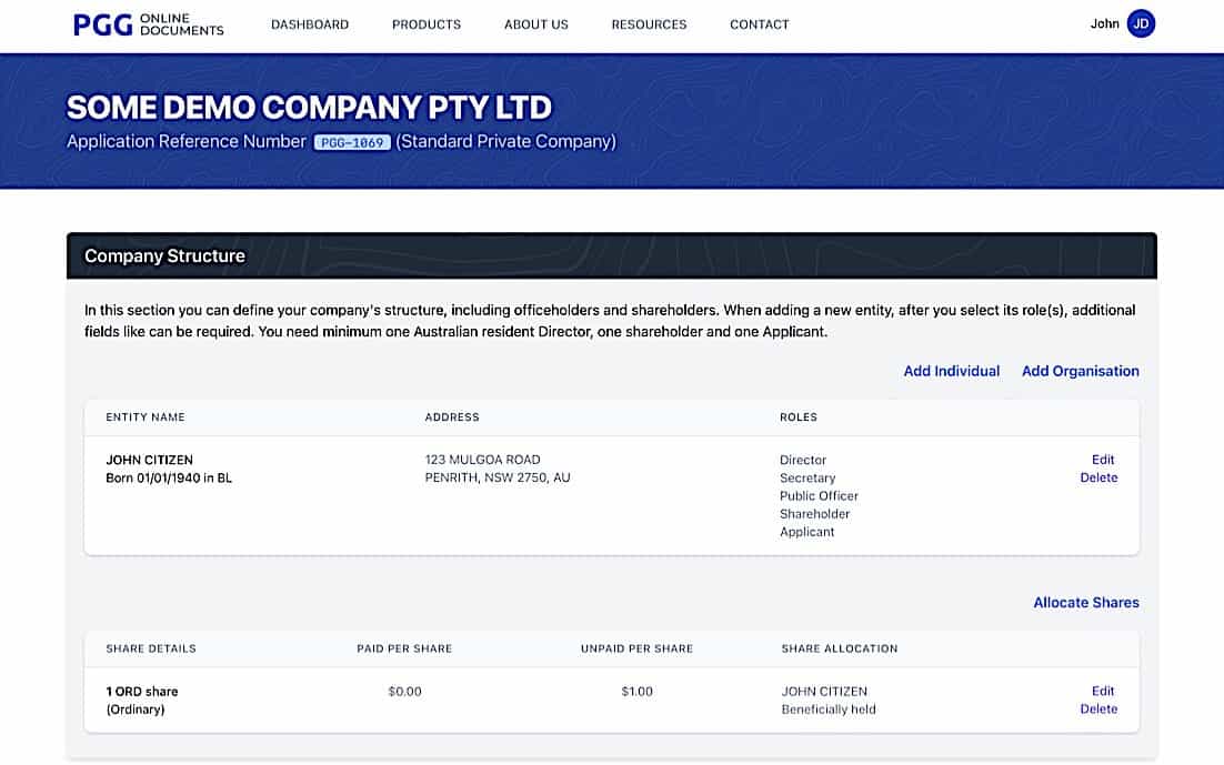 Company Registration - Company Structure 1 screen