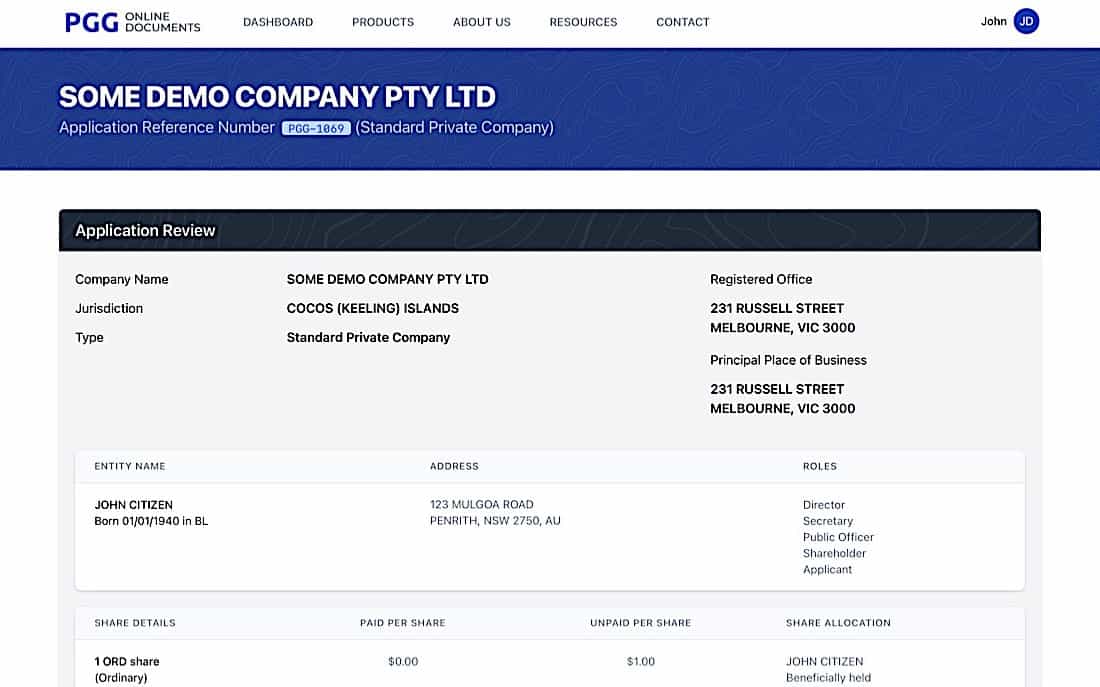 Company Registration - Review screen