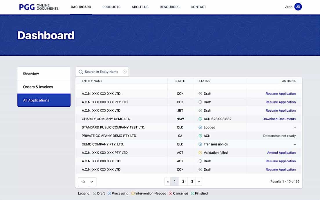 Dashboard - Applications screen