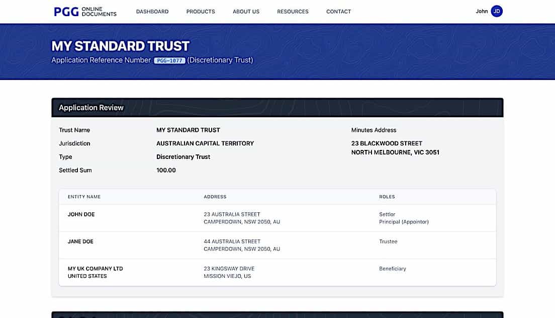 Trust Establishment - Trust Review 1 screen