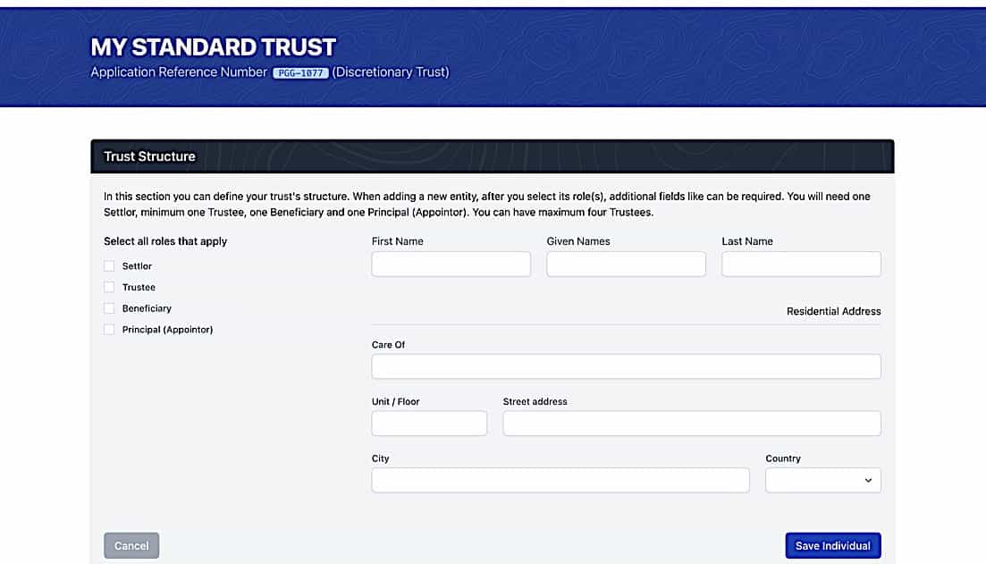 Trust Establishment - Trust Structure 1 screen