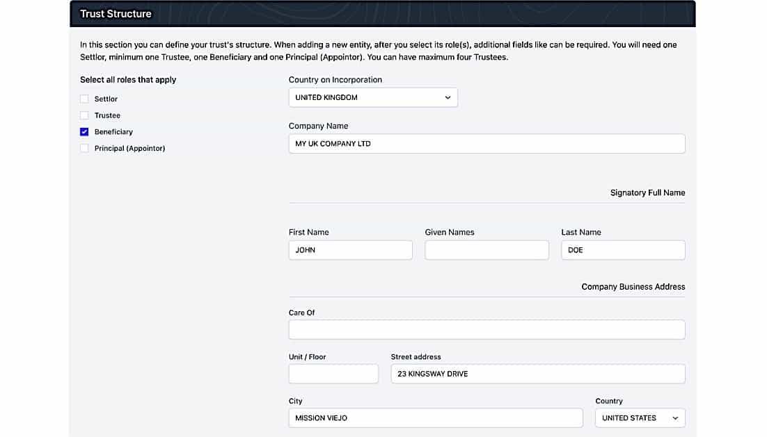 Trust Establishment - Trust Structure 2 screen